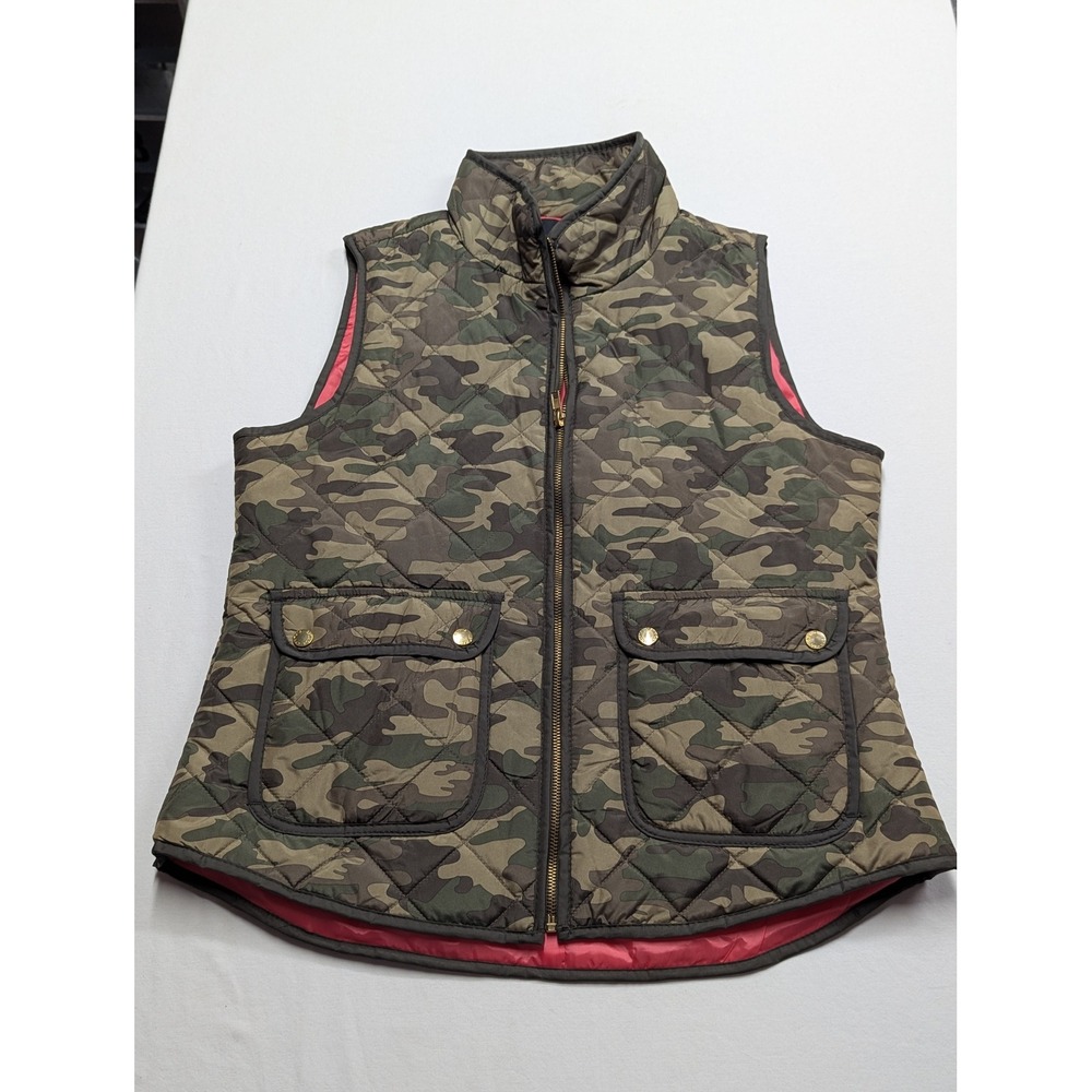 Cynthia Rowley Womens Camo Quilted Vest Green Pink Lining Gold Zip Large